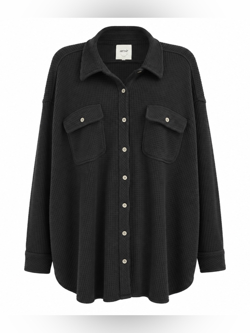 Aerie Lumber Jane Waffle Knit Shirt Jacket Button Front Black Size XL Cozy Fall
